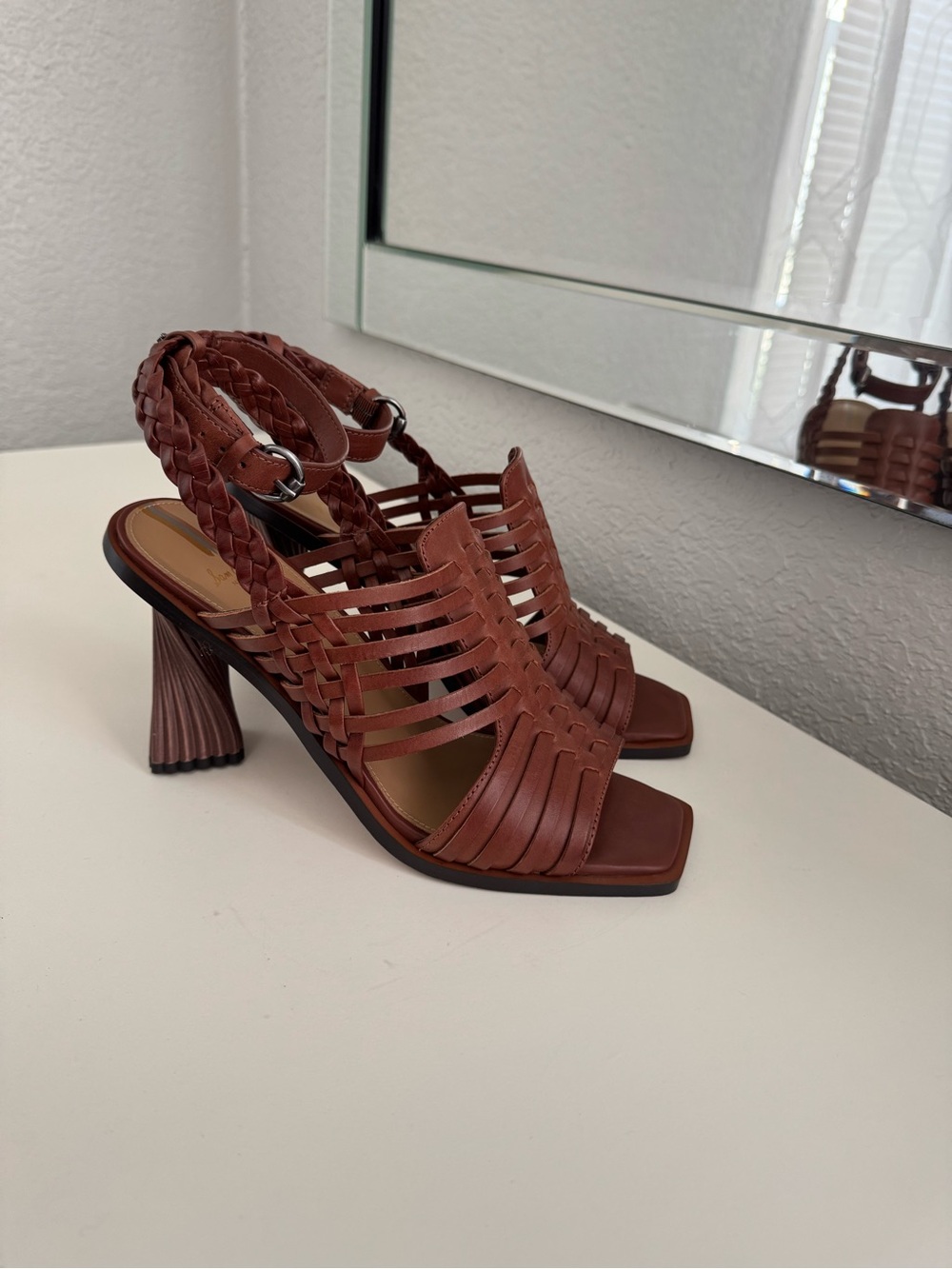 Sam Edelman Woven Cognac Leather Block Heel Sandals